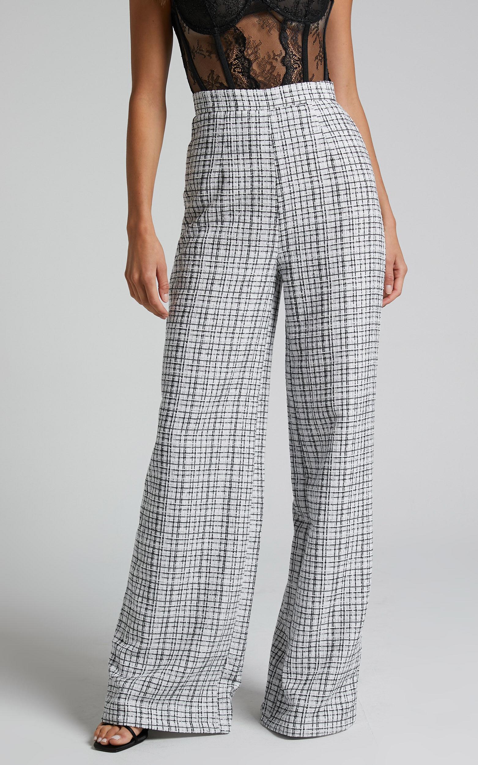 Icie Pants - High Waisted Tweed Wide Leg Pants in White & Black Product Image