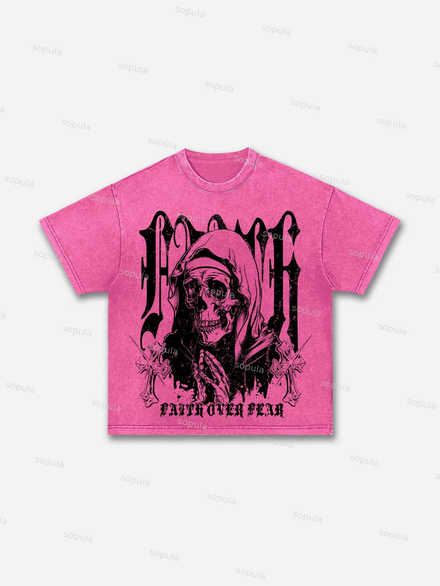 Skull Faith Over Fear Print Acid Wash T-shirt Product Image