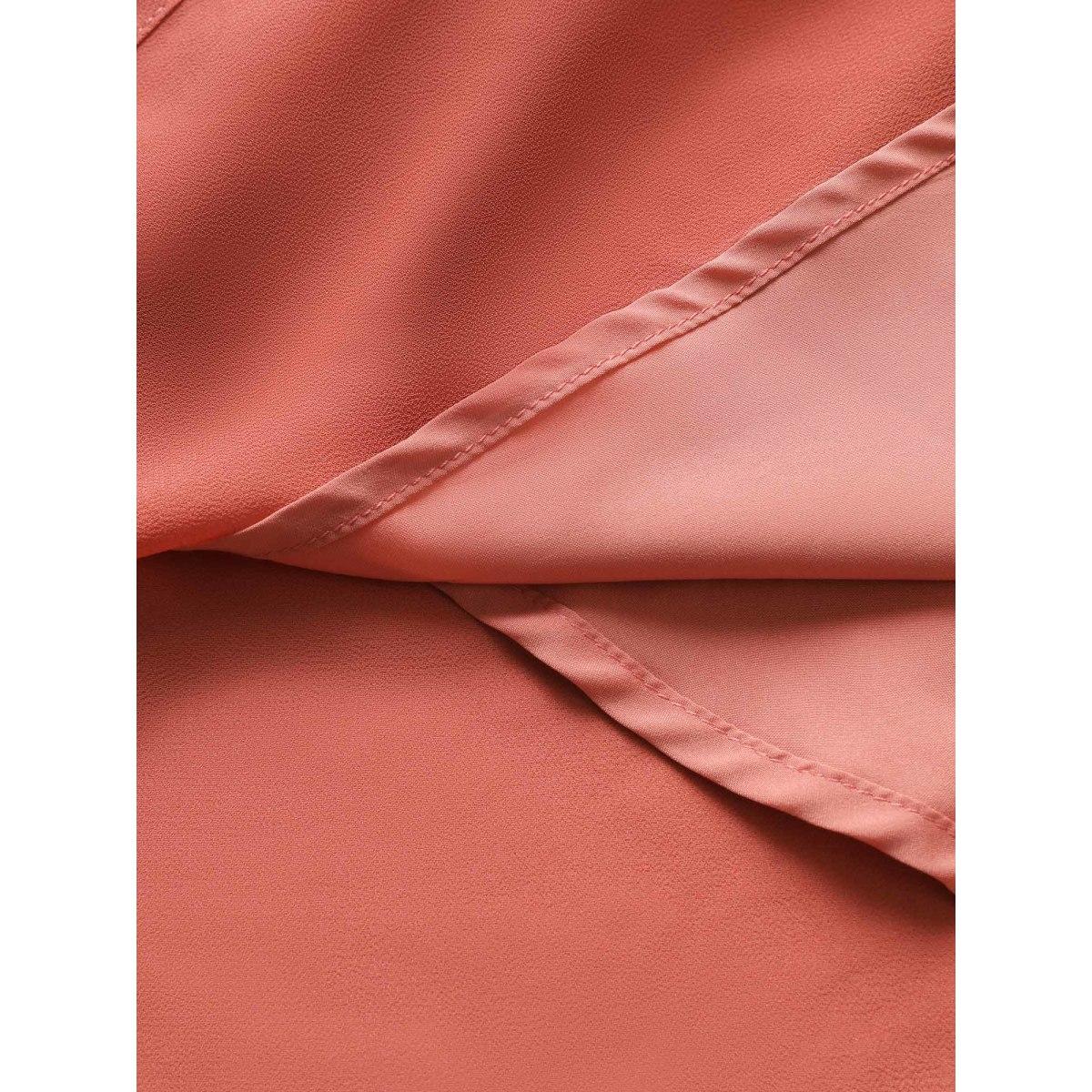 Plus Size Chiffon Plain Ties Knotted Lantern Sleeve Dress Coral Women Elegant Non Square Neck Elbow-length sleeve Curvy Midi Dress BloomChic 12/L Product Image