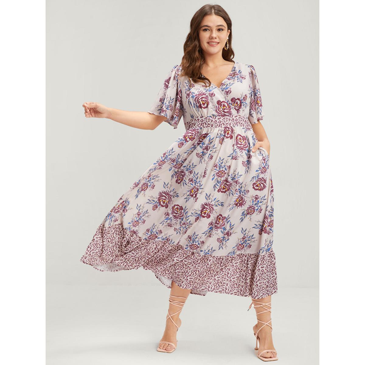 Plus Size Floral Pocket Button Ruffles Wrap Maxi Dress Watermelon Women Elegant Gathered V-neck Short sleeve Curvy Long Dress BloomChic 30/6X Product Image