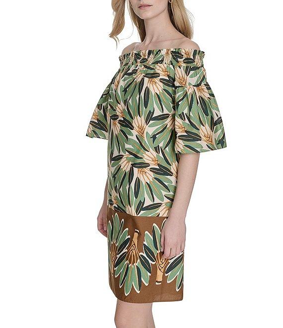 Vince Camuto Printed Poplin Off-The-Shoulder Short Sleeve Shift Dress Product Image