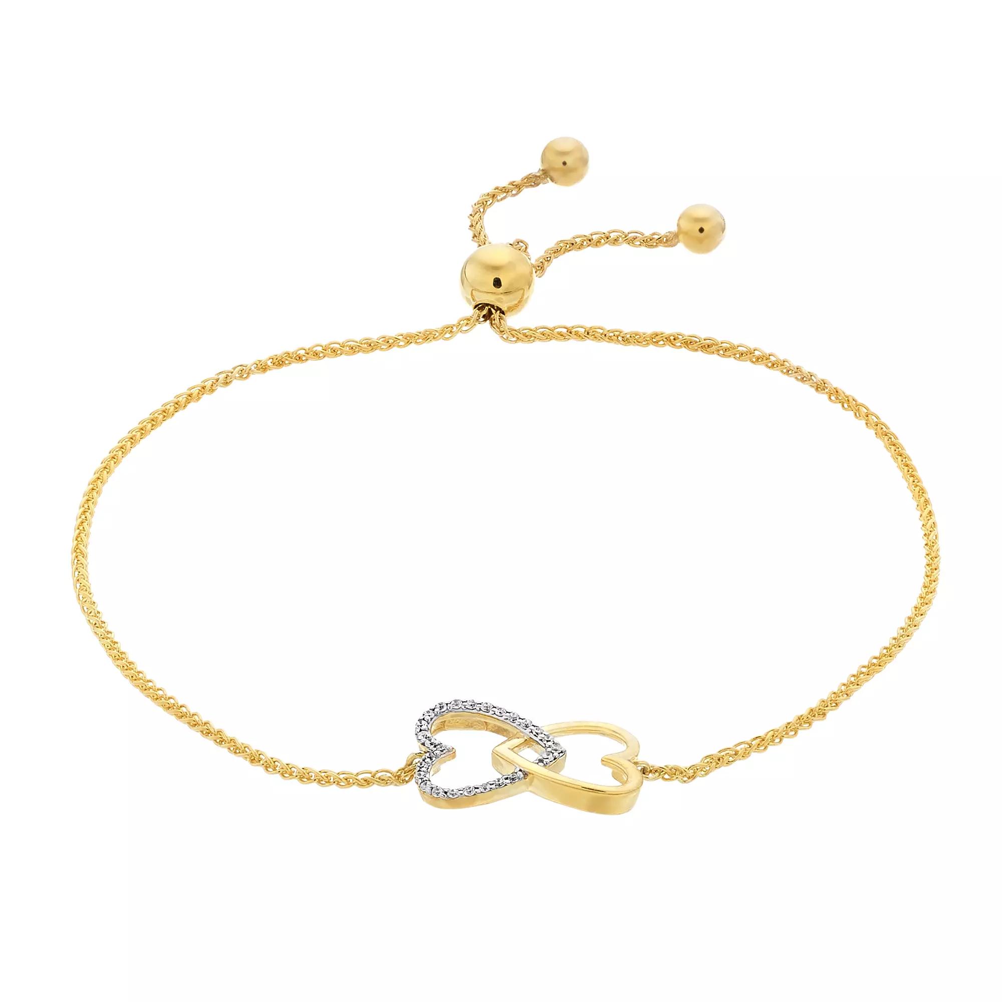 Gold Over Silver 1/10 Carat T.W. Diamond 2 Heart Adjustable Bracelet, Women's, Size: 5-9" ADJ, Gold Tone Product Image