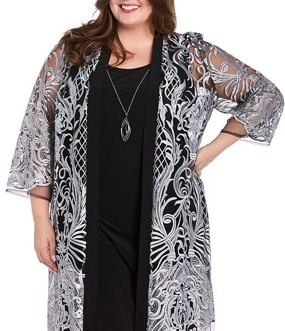 R & M Richards Plus Size 2 Piece Contrast Embroidered Duster Jacket Dress Product Image