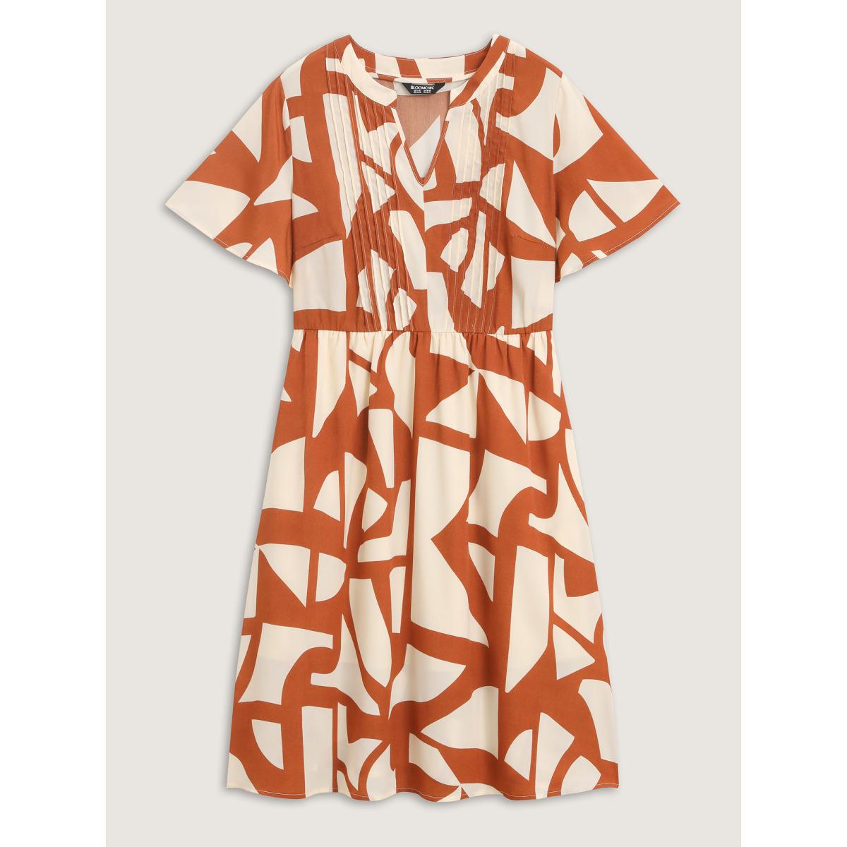 Plus Size Toothpick Pleat Notched Collar Midi Dress Rust Women Flat collar with V-notch Short sleeve Curvy BloomChic 26/4X Product Image