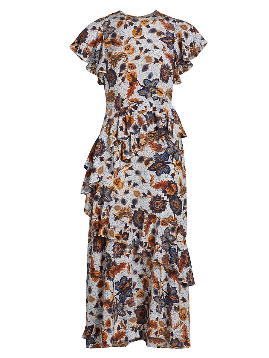 Womens Amaia Floral Ruffled Silk Midi-Dress Product Image