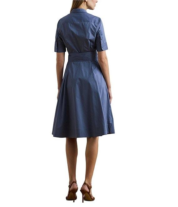 Lauren Ralph Lauren Stretch Cotton Blend Point Collar Elbow Length Sleeve Button Front Shirt Dress Product Image
