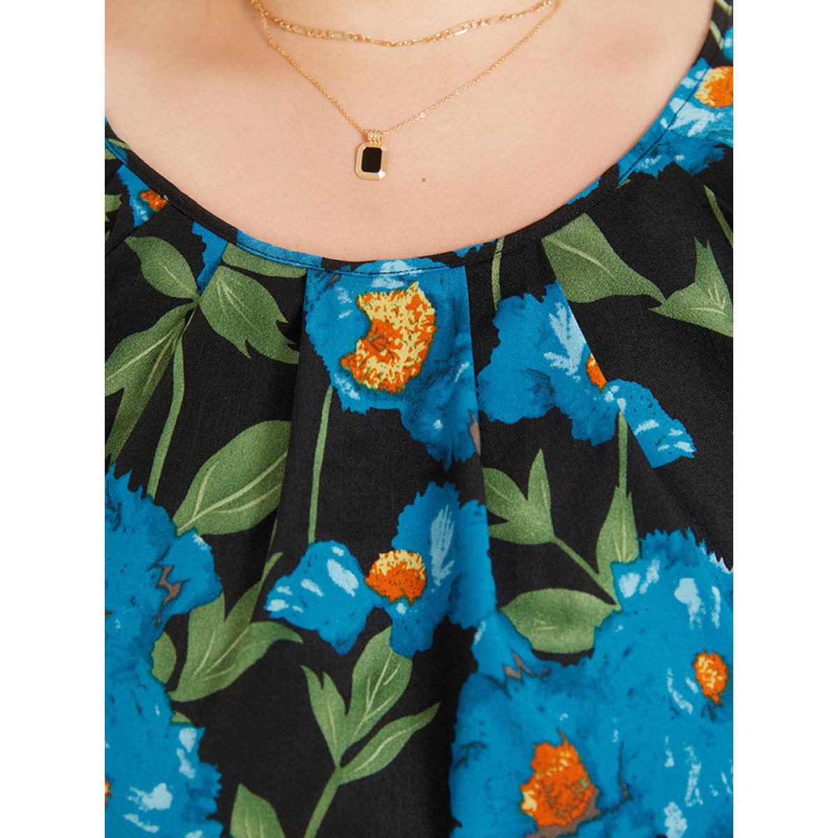 Plus Size Black Floral Print Raglan Sleeve Pleated Flutter Blouse Women Glamour Short sleeve Round Neck Going out Blouses BloomChic 30/6X Product Image