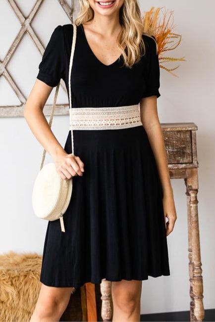 Black Crochet Waist V-Neck Dress Product Image