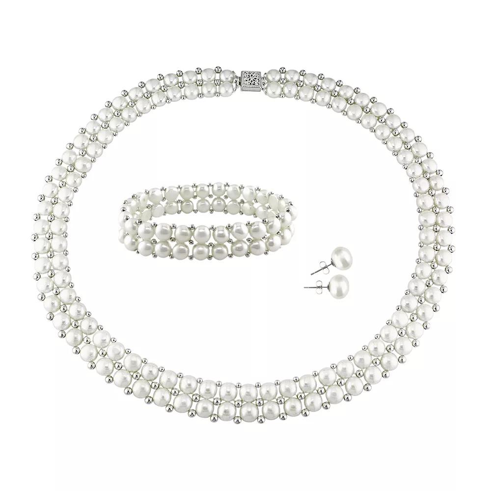 Stella Grace Sterling Silver Freshwater Cultured Pearl Necklace, Stretch Bracelet and Stud Earring Set, Women's, White Product Image