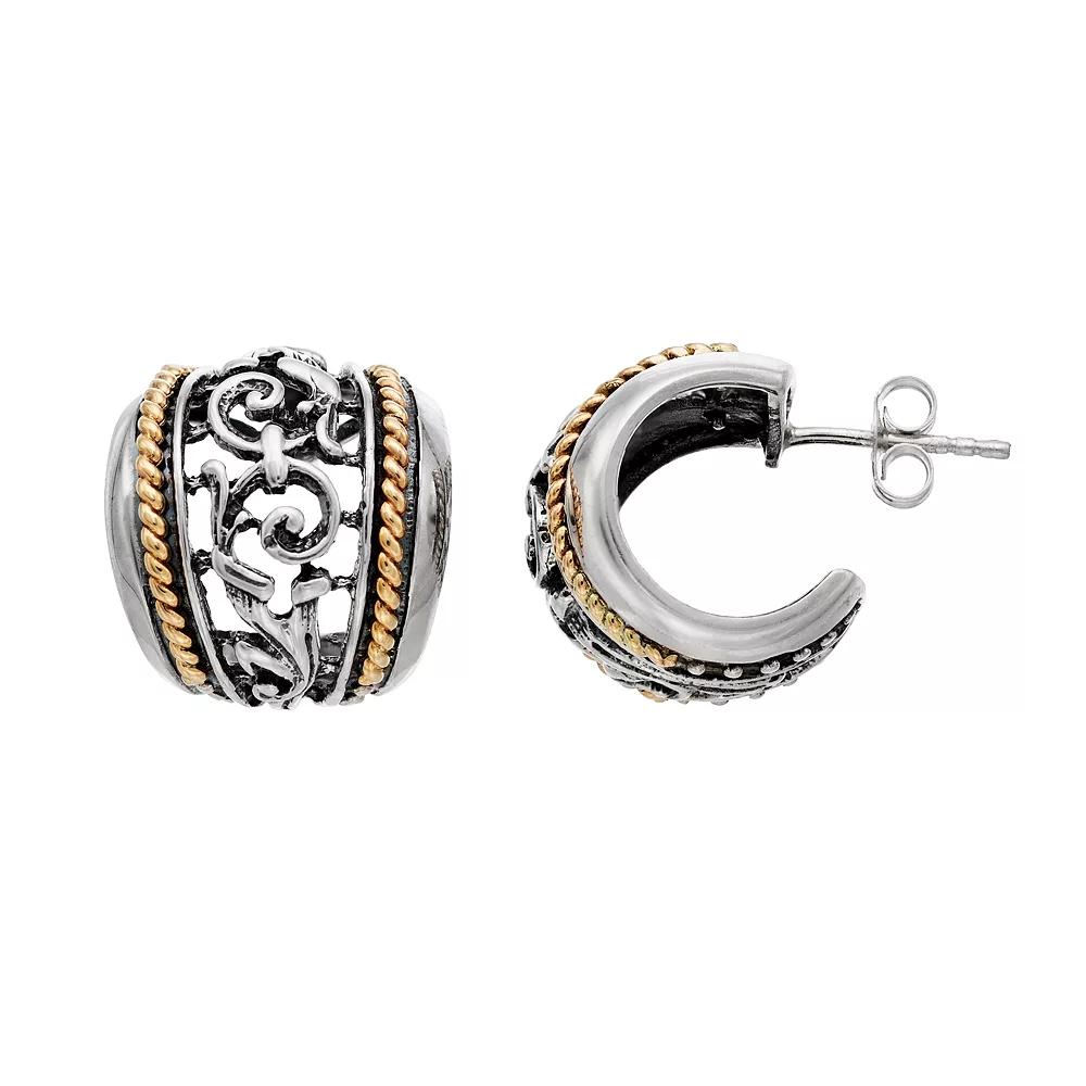 Two Tone Sterling Silver Textured Hoop Earrings, Womens Product Image