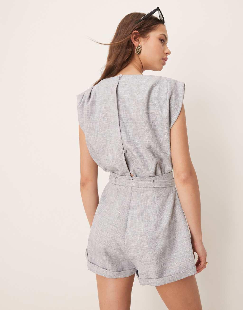 ASOS DESIGN tailored paper bag short romper with belt detail in gray Product Image
