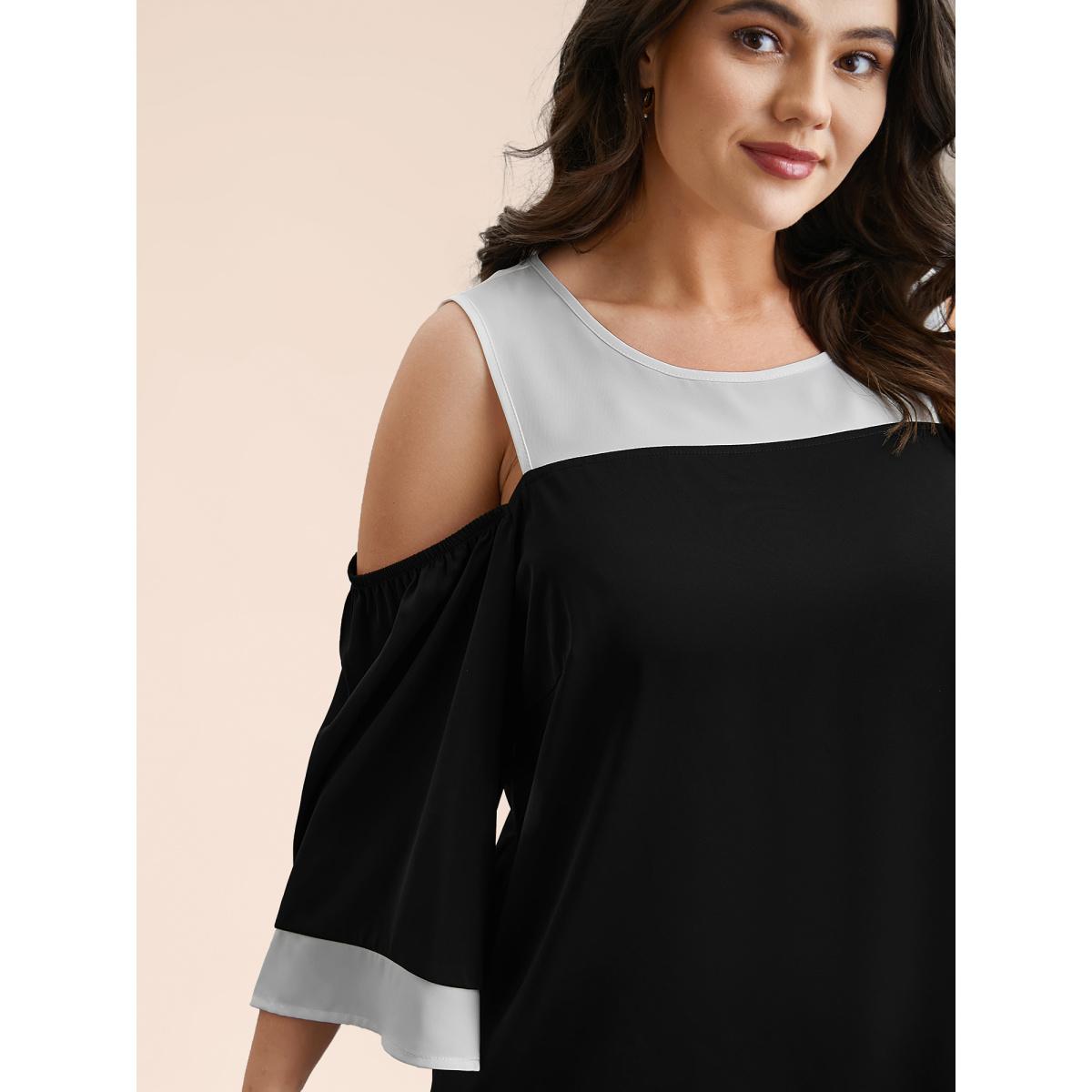 Plus Size Black Color-Block Off-Shoulder Pleated Blouse Women Elegant Elbow-length sleeve Round Neck Everyday Blouses BloomChic 26/4X Product Image