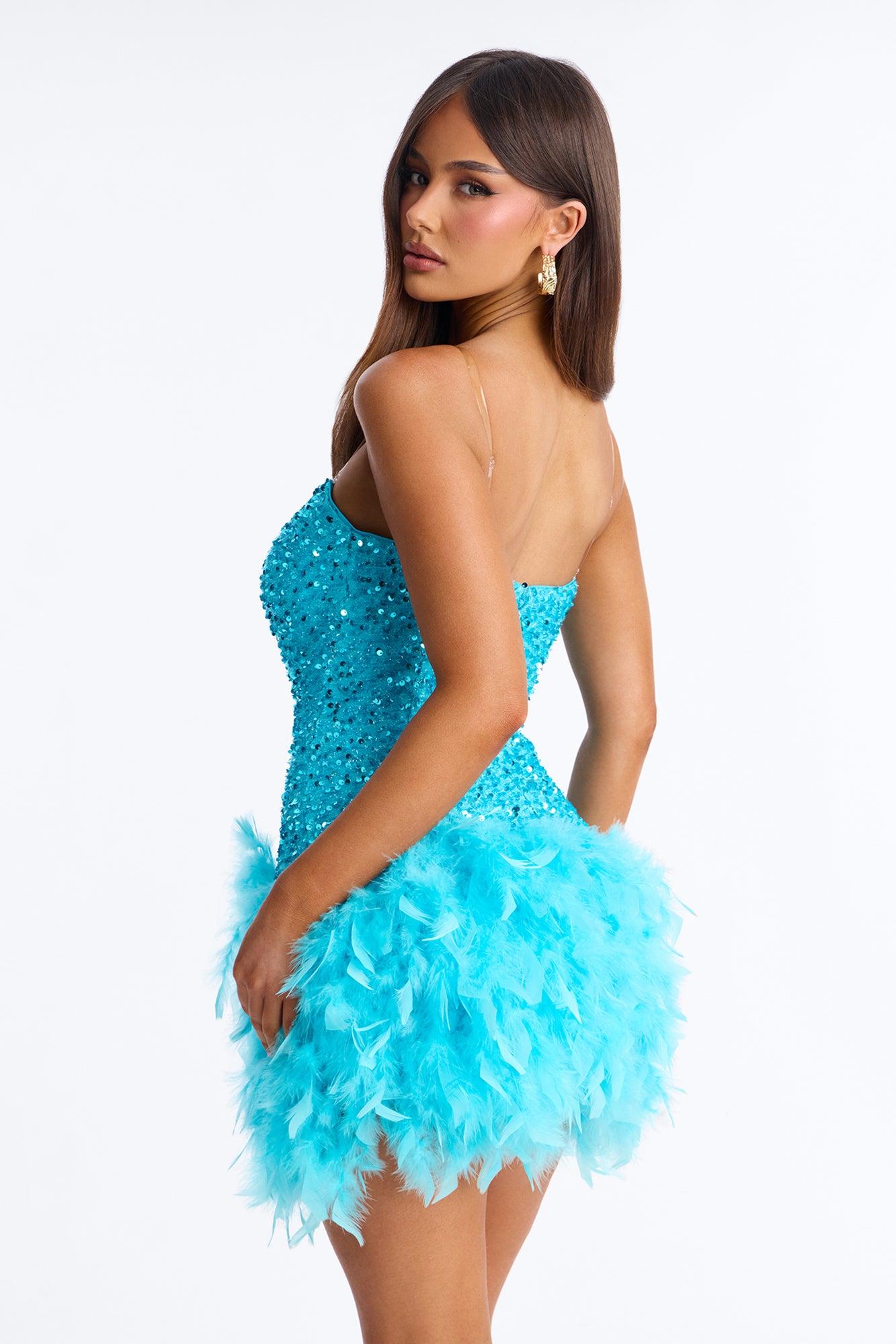 Zoey Feathered Sequin Mini Dress - Turquoise Female Product Image