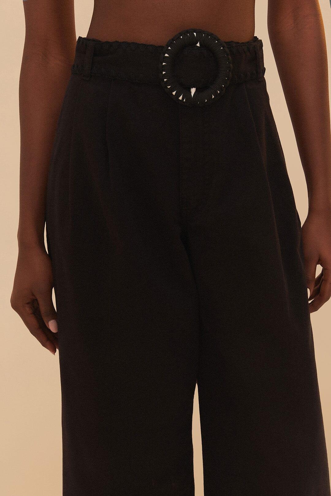 Black Twill Belted Wide Pants Product Image