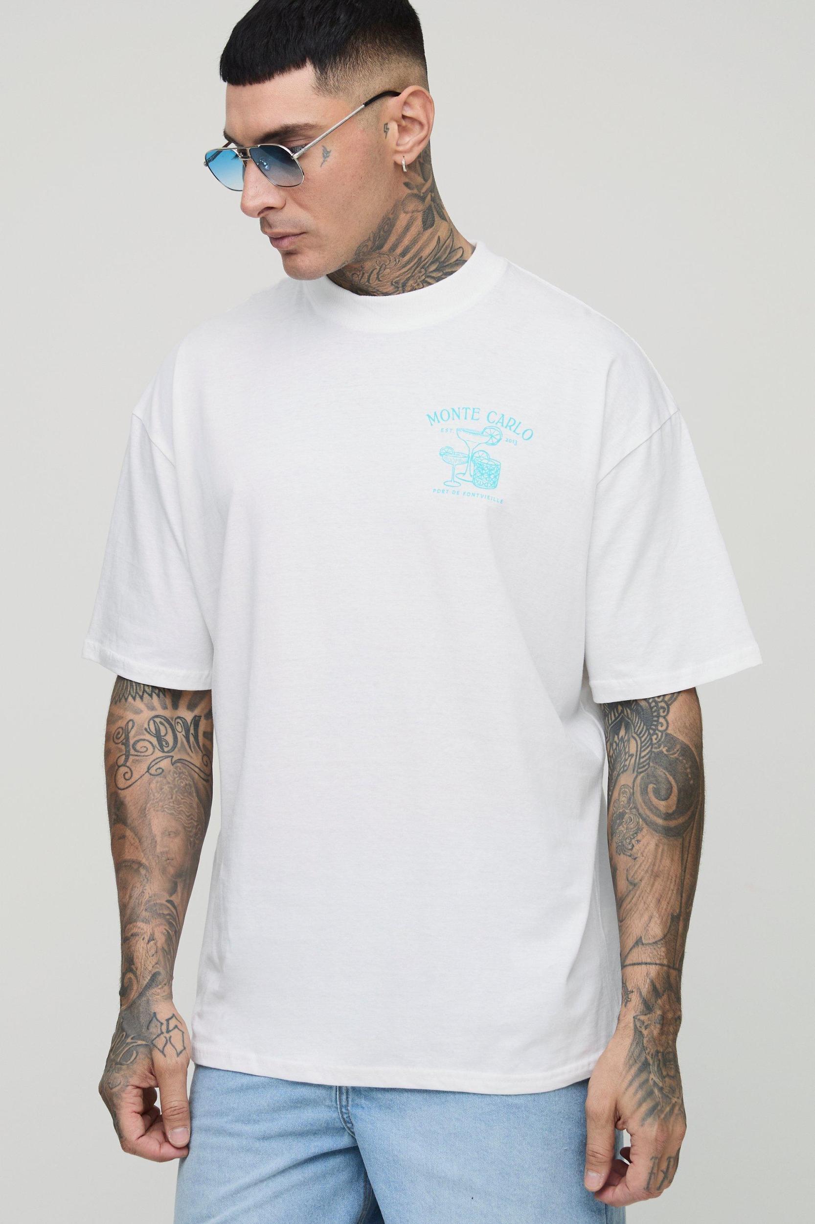 Tall Oversized Extended Neck Cocktail Monaco Print T-Shirt | boohooMAN USA Product Image