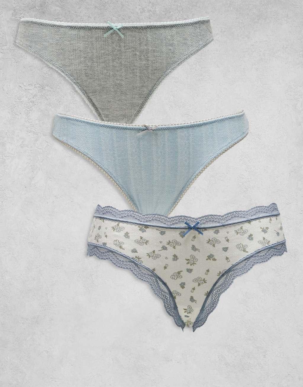 ASOS DESIGN 3 pack thongs in ditsy print, gray & blue pointelle Product Image
