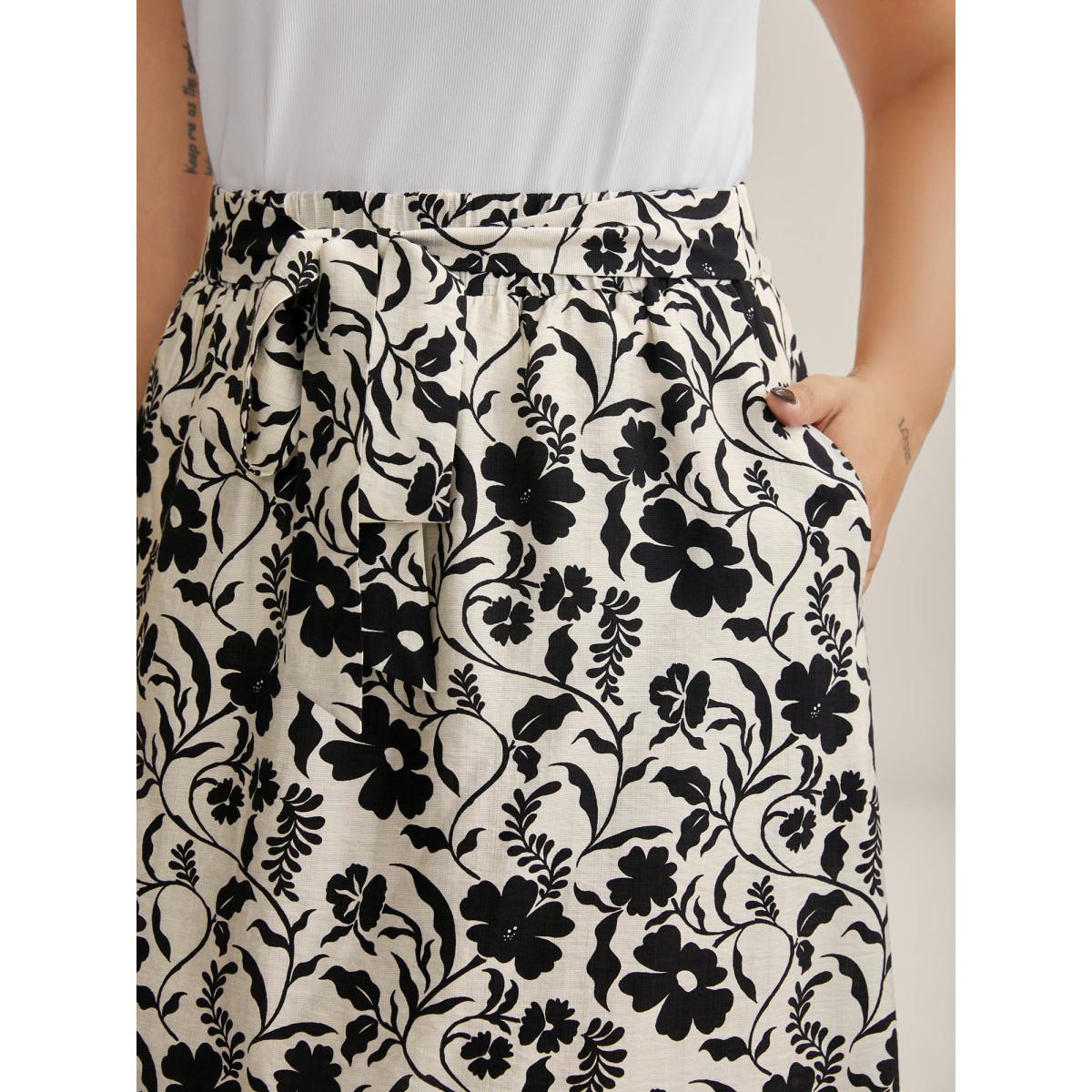 Plus Size Floral Print Belted Midi A-Line Skirt Women Originalwhite Loose No stretch Side seam pocket Belt Everyday-Casual Skirts BloomChic 30/6X Product Image