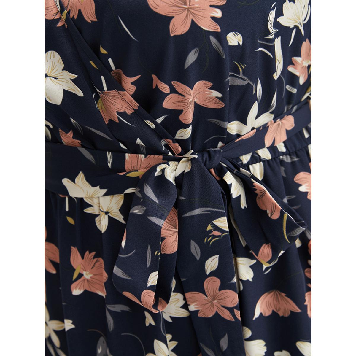 Plus Size Floral Printed Lantern Sleeve Pocket Belted Surplice Neck Dress DarkBlue Women Elegant Pocket V-neck Long Sleeve Curvy Midi Dress BloomChic 30/6X Product Image