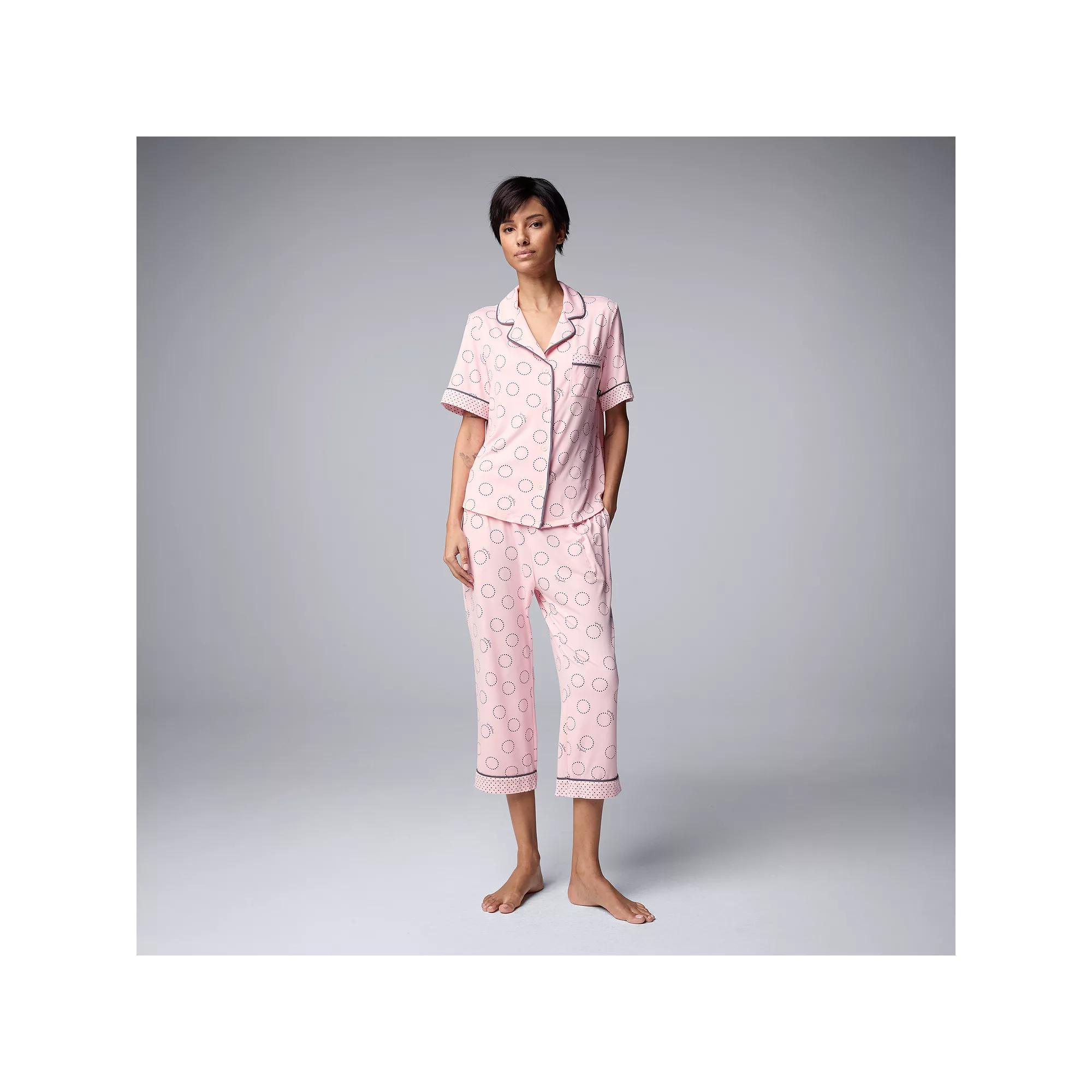 Women's Simply Vera Vera Wang 2-Piece Short Sleeve Notch Collar Pajama Top & Capri Pajama Bottoms Set, Size: Medium, Blush Circles Product Image