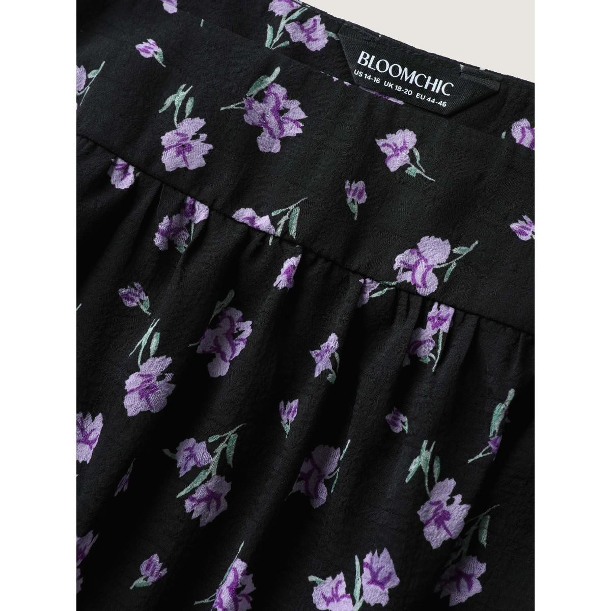 Plus Size Black Floral Fiesta Pleated Square Neck Blouse Women Short sleeve Square Neck Elegant Blouses BloomChic 12/L Product Image