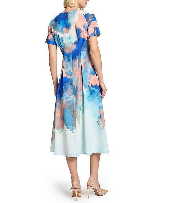 MISOOK Watercolor Crepe V-Neck Short Sleeve Midi Dress Product Image