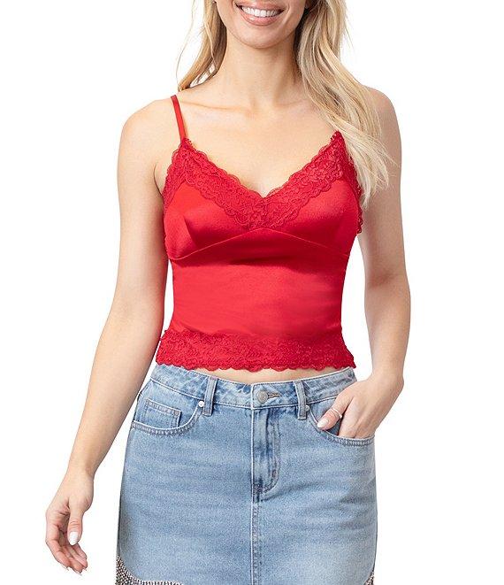 Stevie by Steve Madden Stretch Satin V-Neck Lace Trim Cami Top Product Image