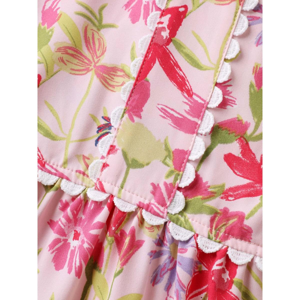 Plus Size Floral Color Block Lace Trim Midi Dress Blush Women Playful Woven ribbon&lace trim Notched collar Cap Sleeve Curvy BloomChic 10/M Product Image