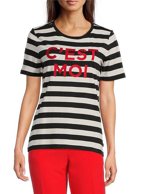KARL LAGERFELD PARIS Stretch Knit Stripe Print Crew Neck Short Sleeves Tee Product Image