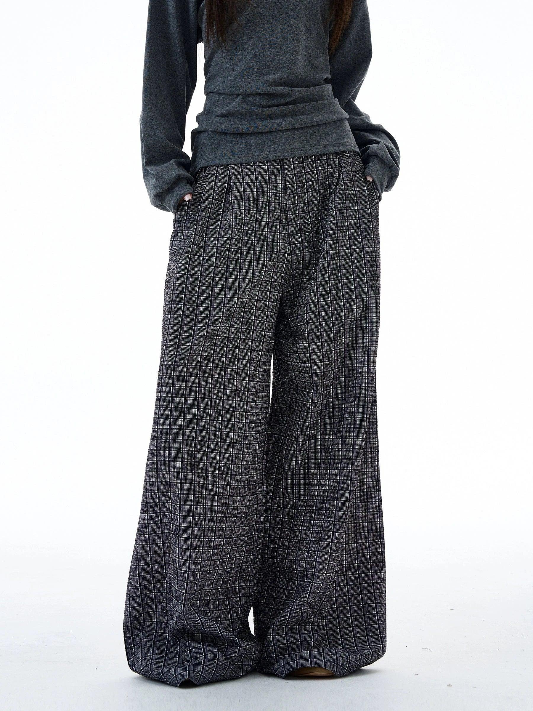 RT No. 20031 PLEATED GRAY PLAID BAGGY STRAIGHT PANTS Product Image