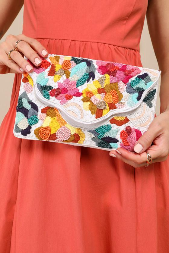 Vibrant Charm White Multi Beaded Embroidered Clutch Product Image