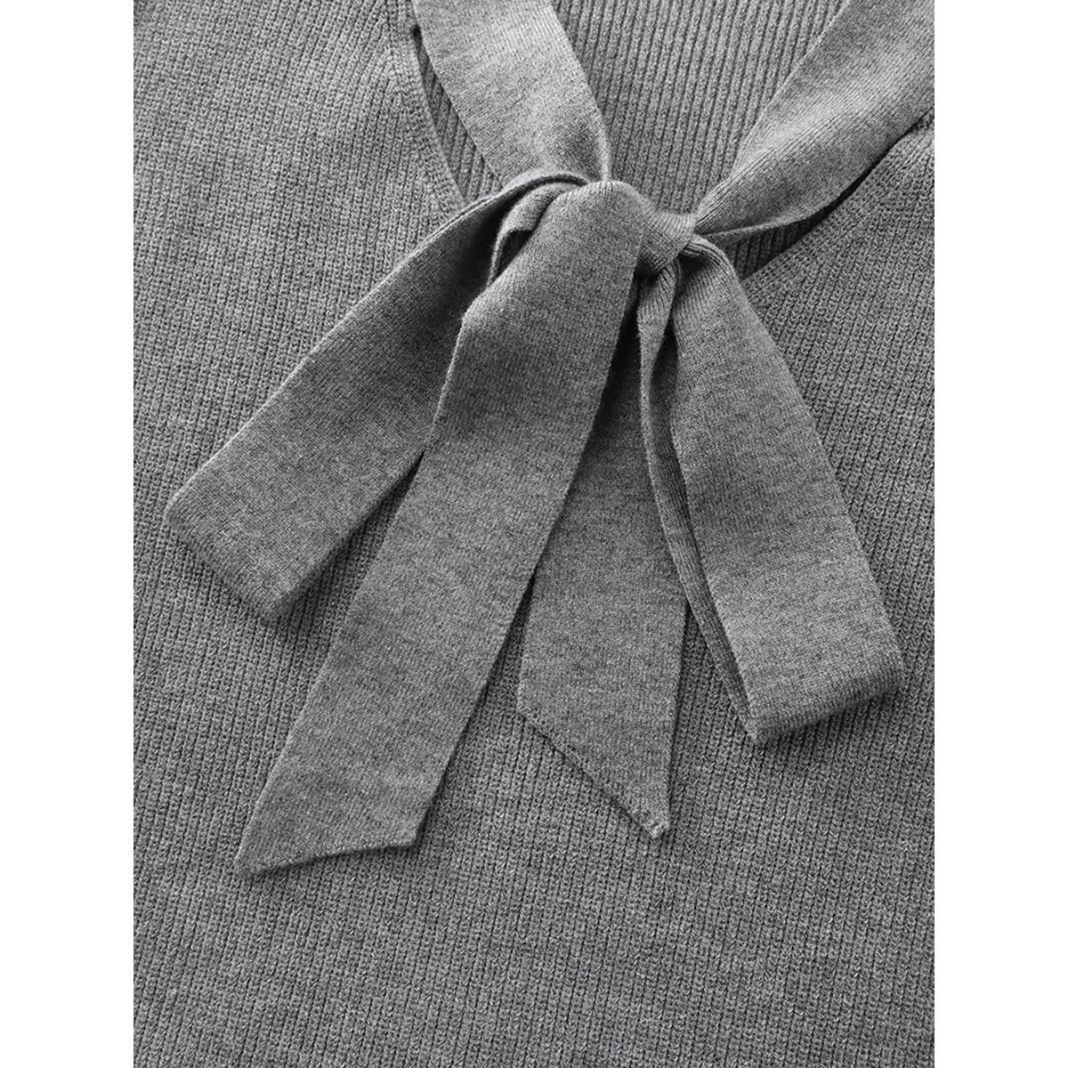 Plus Size Supersoft Bowknot Neckline Ribbed Cut-Out Pullover DarkGray Women Office Long Sleeve Ribbon-tied collar Office Pullovers BloomChic 18-20/2X Product Image