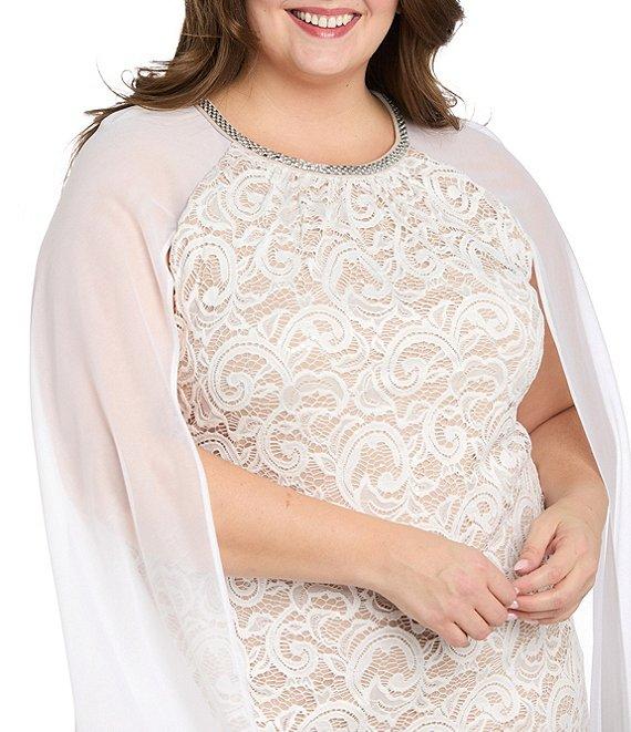 R & M Richards Plus Size Sequin Lace Rhinestone Crew Neck Trim Sheath Capelet Dress Product Image