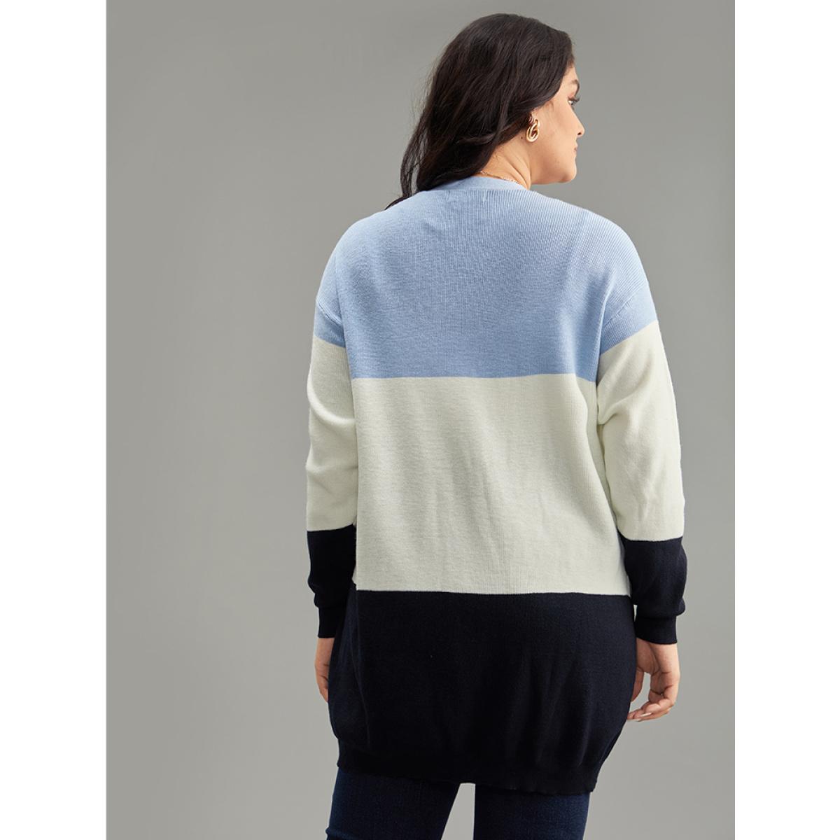 Plus Size Supersoft Essentials Colorblock Contrast Open Front Cardigan Blue Women Casual Loose Long Sleeve Everyday Cardigans BloomChic 18-20/2X Product Image