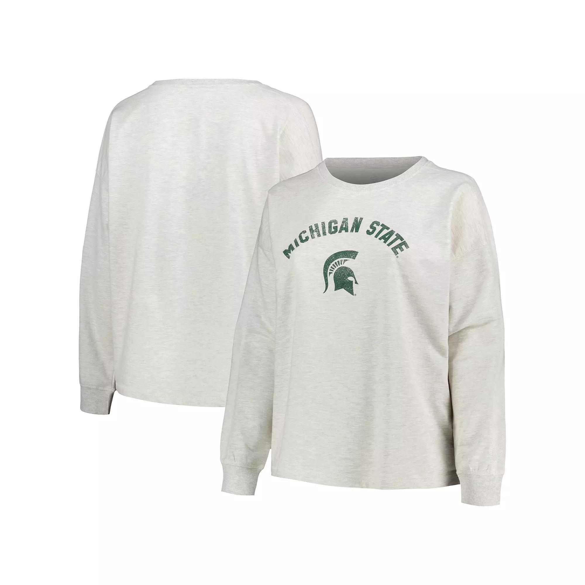 Women's Profile Oatmeal Michigan State Spartans Plus Size Distressed Arch Over Logo Neutral Boxy Pullover Sweatshirt, Size: 4XL, Team Product Image