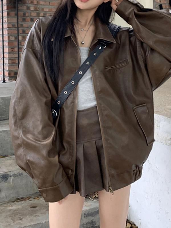 Vintage Brown Lapel Neck Zip Up Leather Jacket Product Image