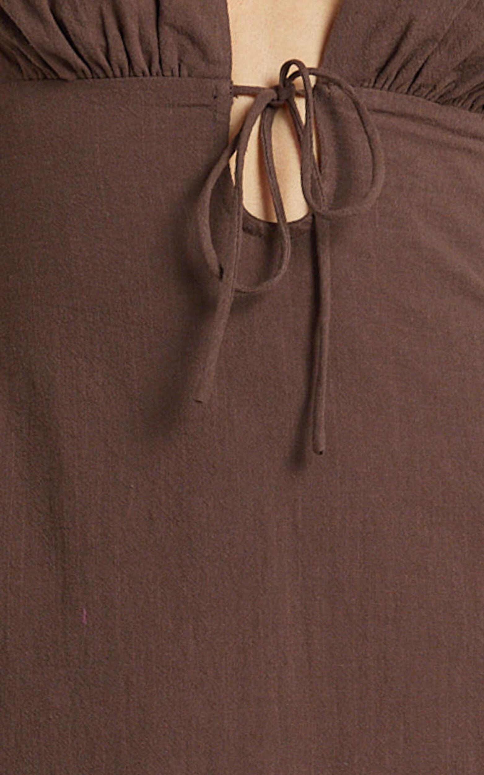 Silvena Midi Dress - Plunge Neckline Tie Front A Line Dress in Chocolate Product Image
