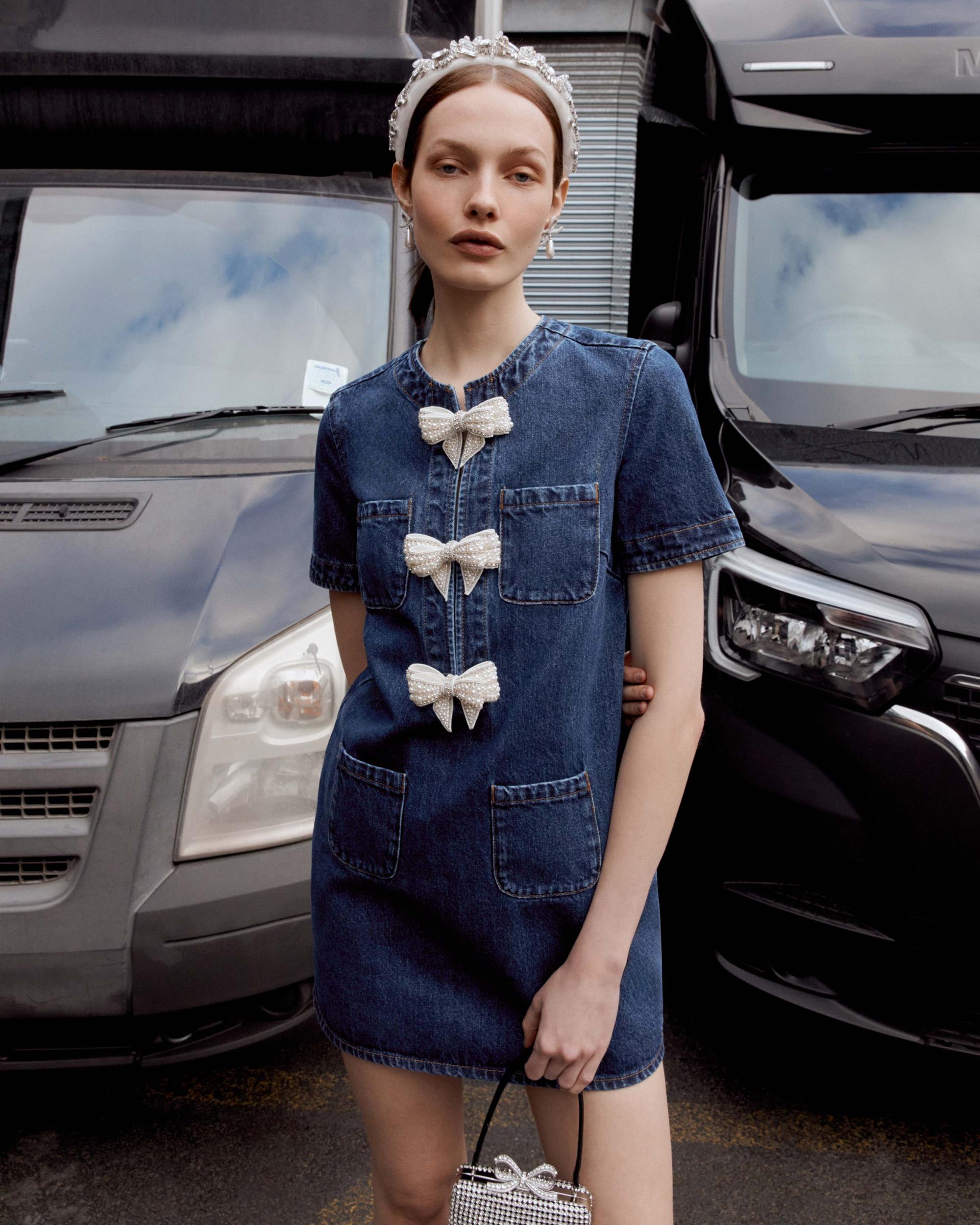 Denim Bow Mini Dress Product Image