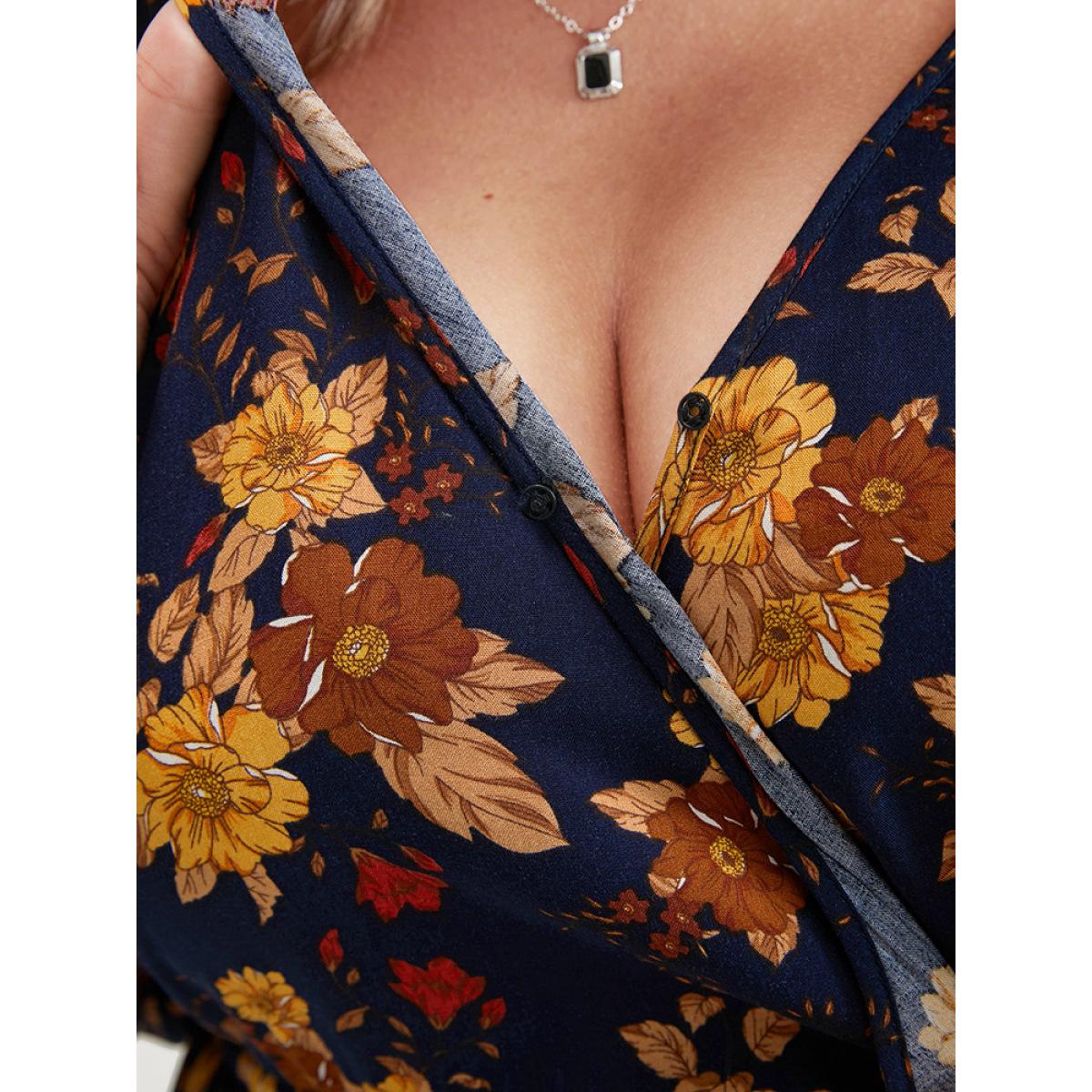 Plus Size Floral Lantern Sleeve Pocket Ties Up Wrap Flutter Dress Midnight Women Elegant Drawstring V-neck Long Sleeve Curvy Midi Dress BloomChic 30/6X Product Image