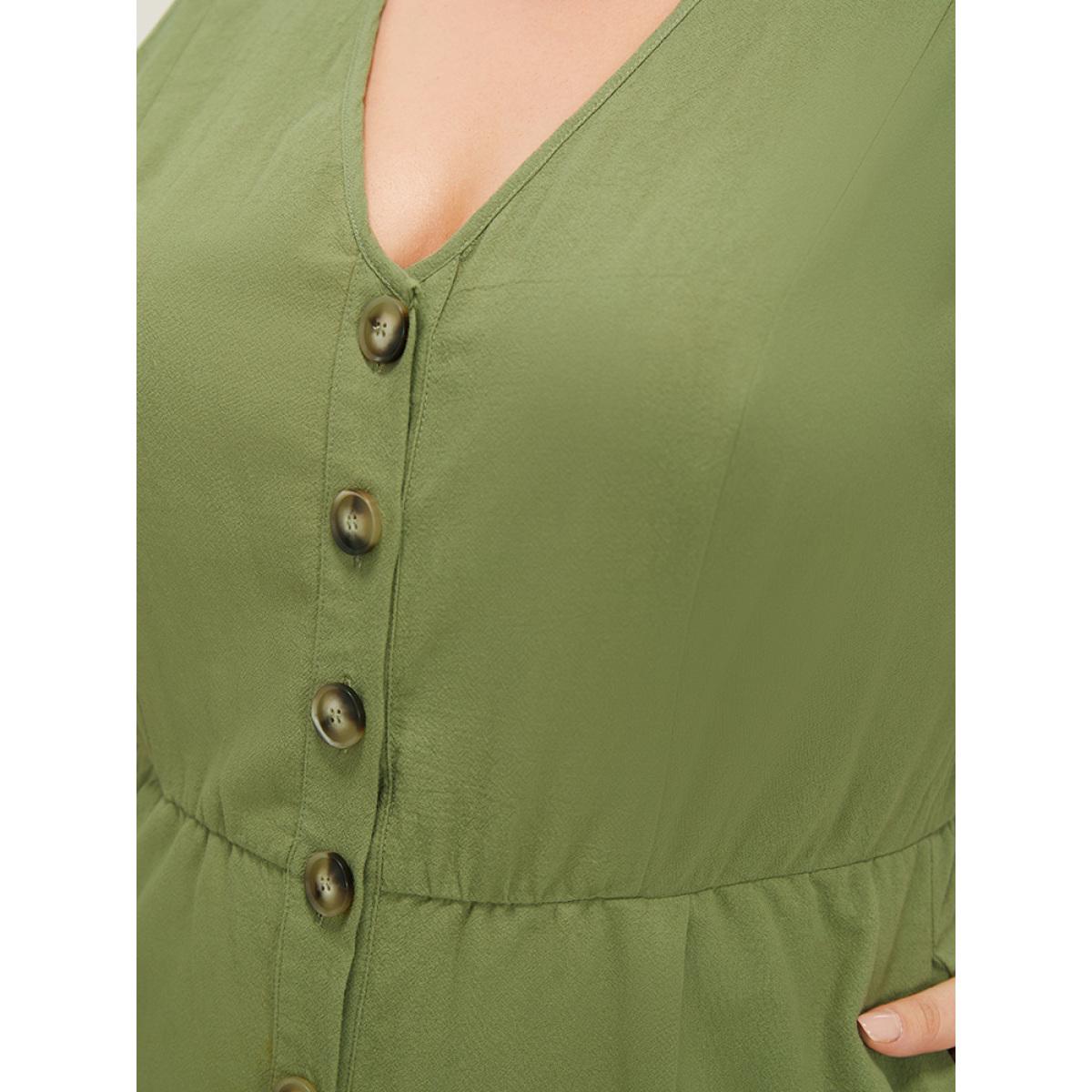 Plus Size Sage Plain Pocket Button Through Tank Jumpsuit Women Office Sleeveless V-neck Office Loose Jumpsuits BloomChic 22-24/3X Product Image