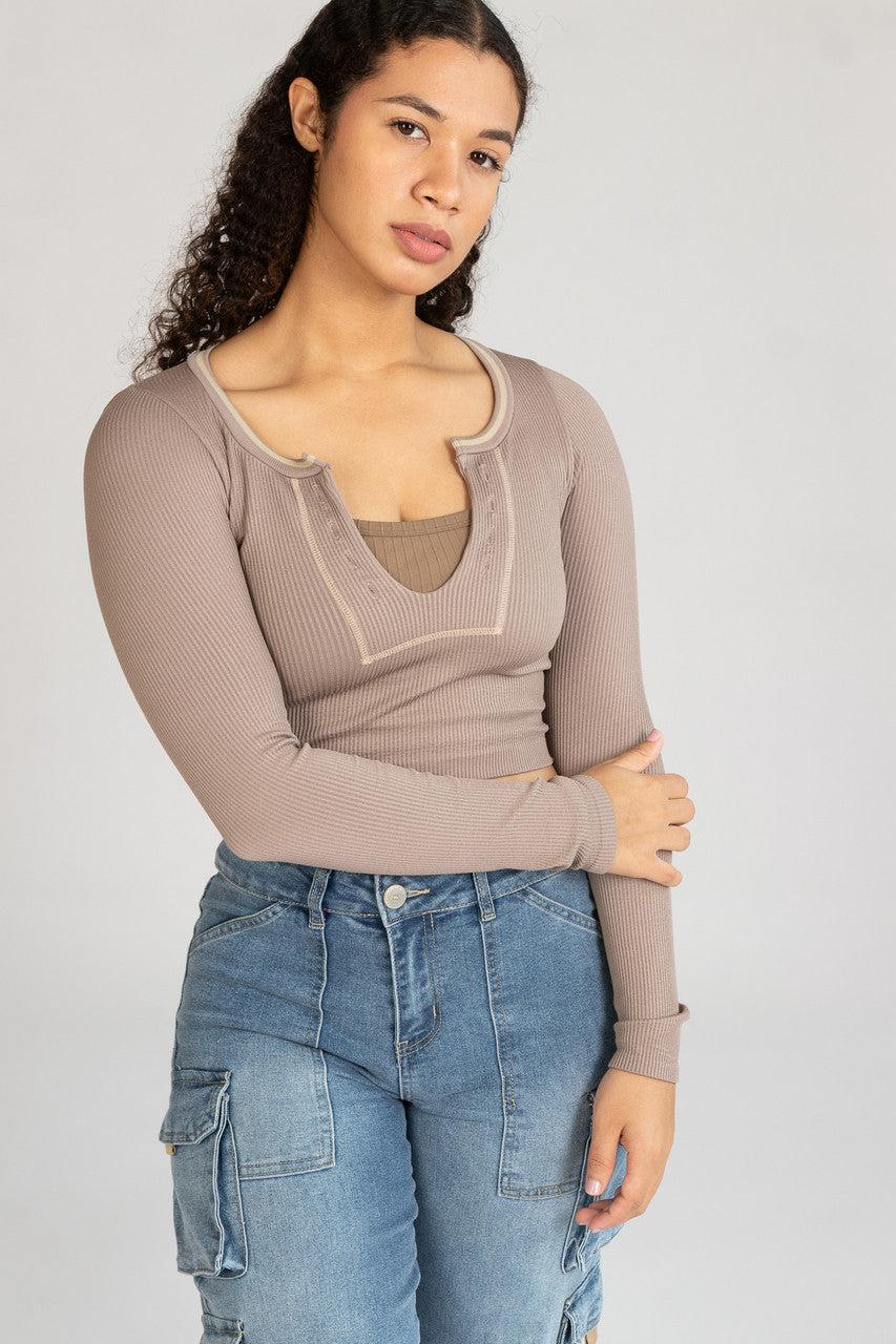 Sporty Notch Neck Long Sleeve Shirt Product Image