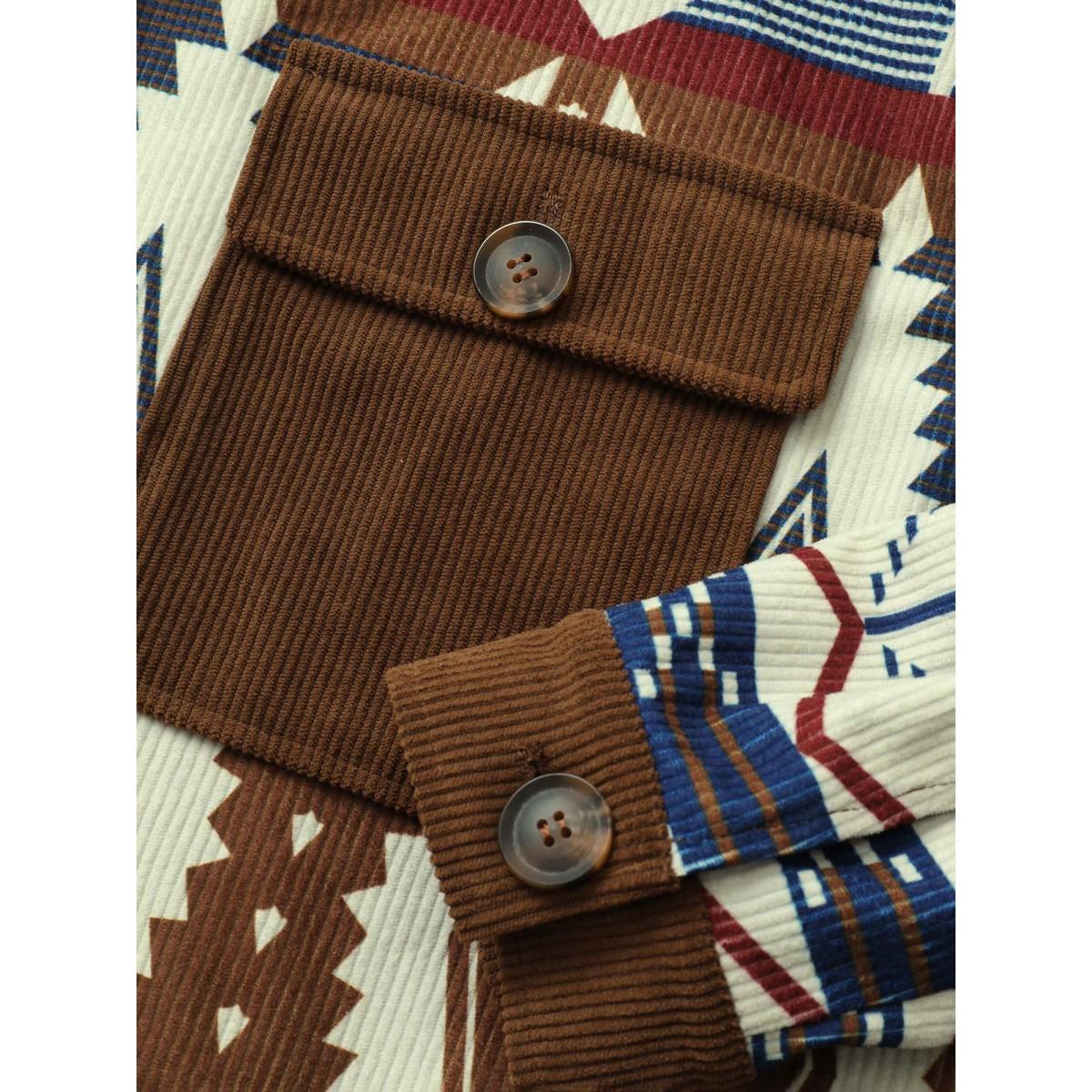 Plus Size Geometric Patchwork Corduroy Patched Pocket Jacket Women DarkBrown Lined Pocket Everyday Jackets BloomChic 10/M Product Image