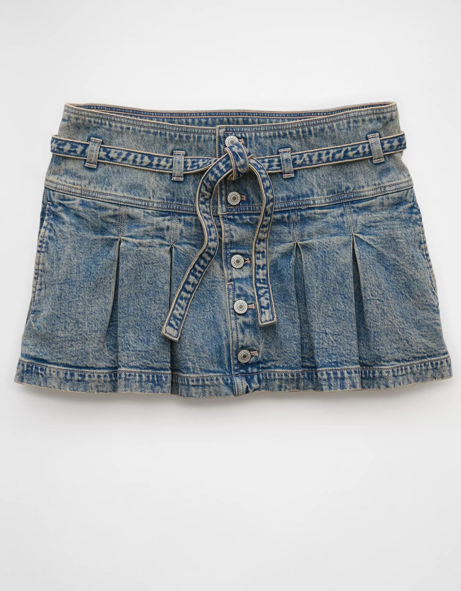 AE Stretch Low-Rise Belted Pleated Denim Mini Skirt Product Image