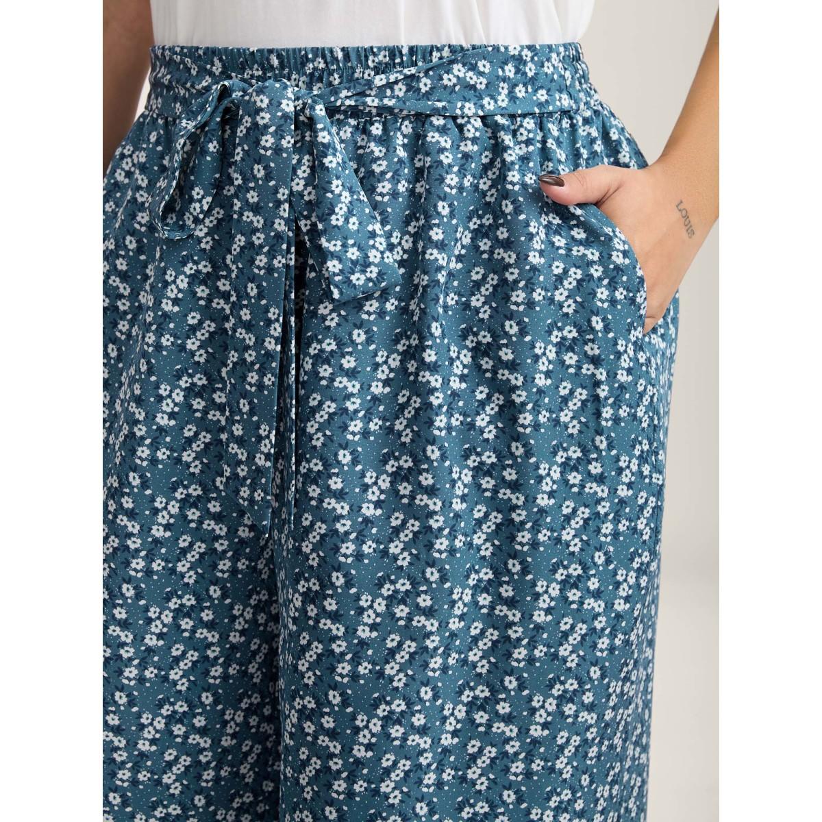 Plus Size Floral Print Belted Wide-Leg Pants Women Mediumblue Elegant Wide Leg Mid Rise Elegant Pants BloomChic 10/M Product Image