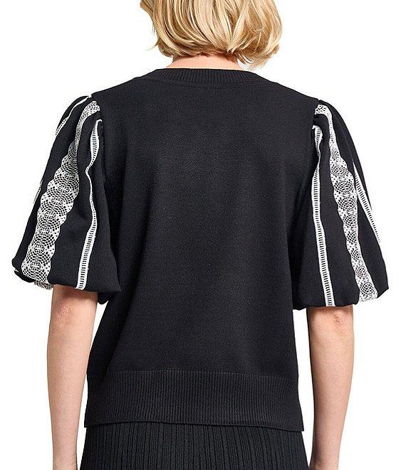 MISOOK Mixed Media Round Neck Lace Short Puff Sleeve Top Product Image