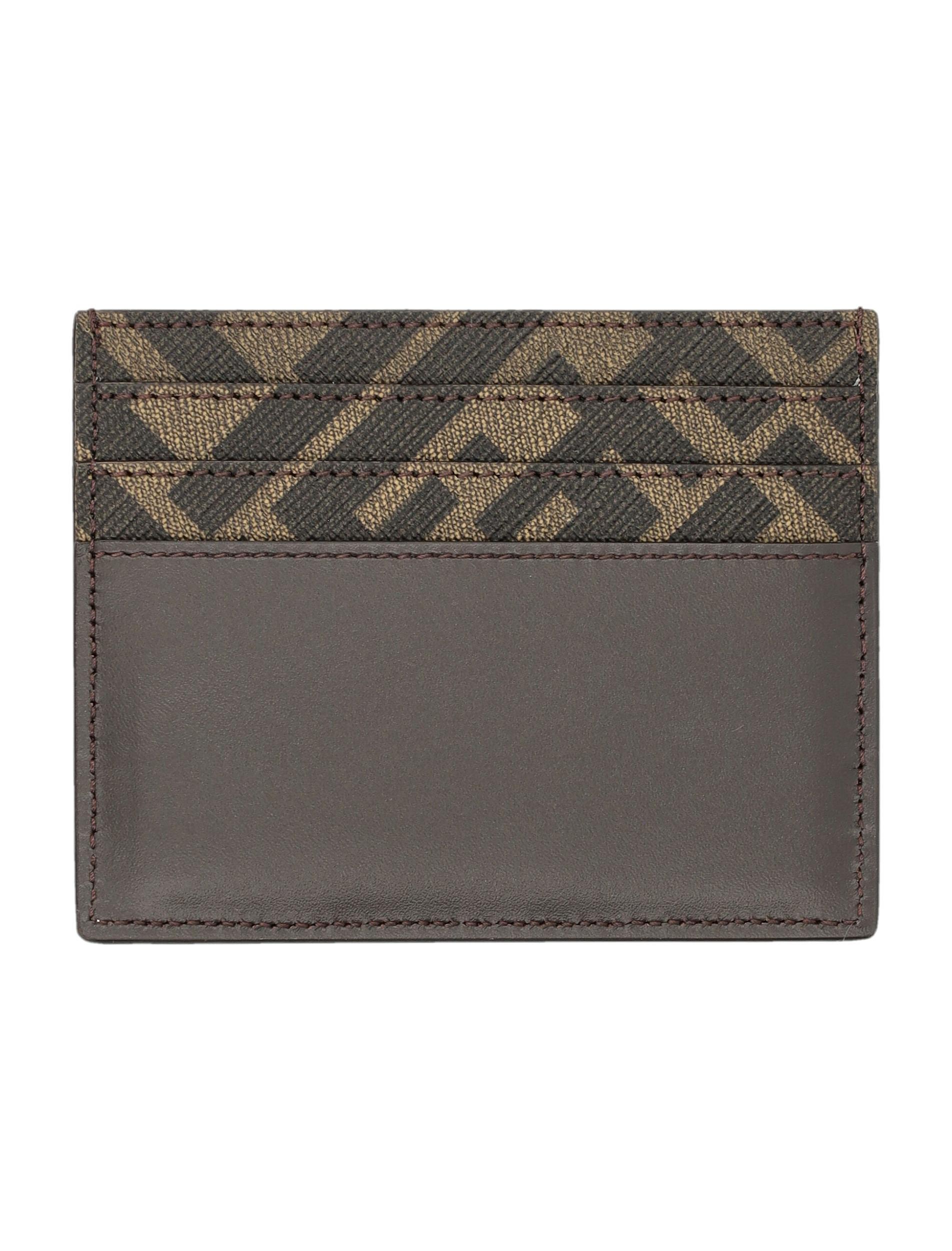 FENDI Brown Card-holder With Squared Ff Motif In Leather And Ff Canvas Man In Ebony Product Image