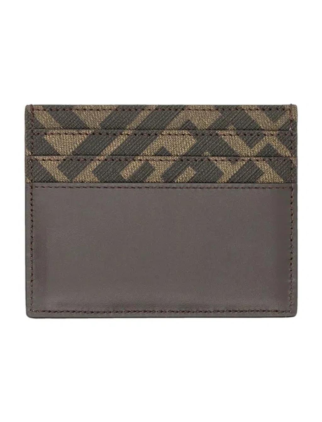 FENDI Brown Card-holder With Squared Ff Motif In Leather And Ff Canvas Man In Ebony Product Image