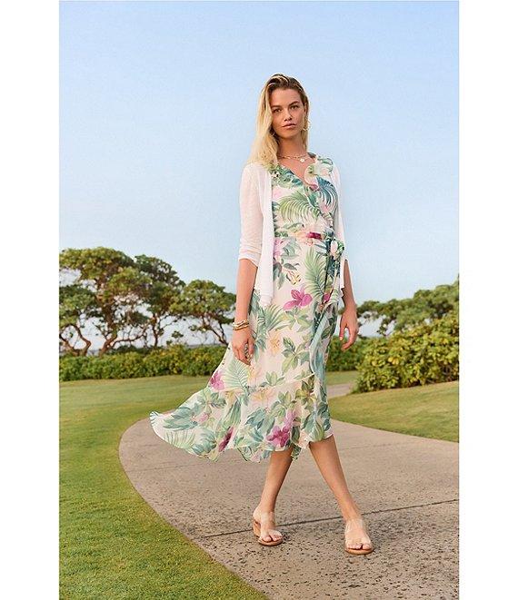 Tommy Bahama Tropical Bliss Crinkle Georgette Surplice V-Neck Sleeveless Ruffle Trim Maxi Dress Product Image