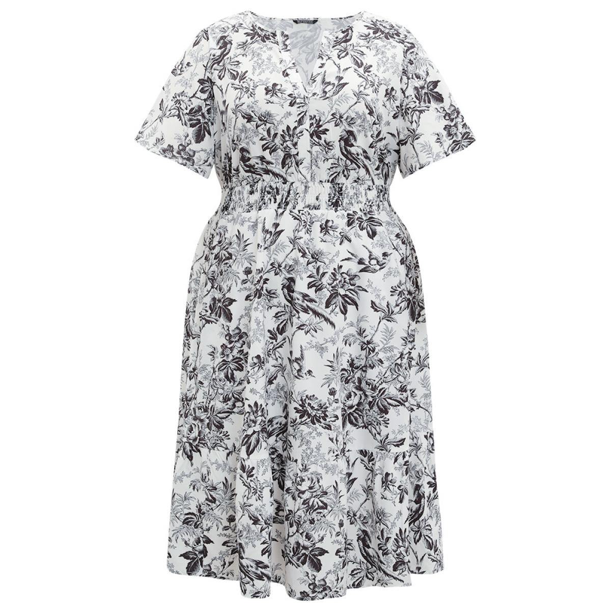 Plus Size Silhouette Floral Print Shirred Notched Pocket Ruffles Dress Black Women Elegant Shirred Notched collar Short sleeve Curvy Midi Dress BloomChic 22-24/3X Product Image