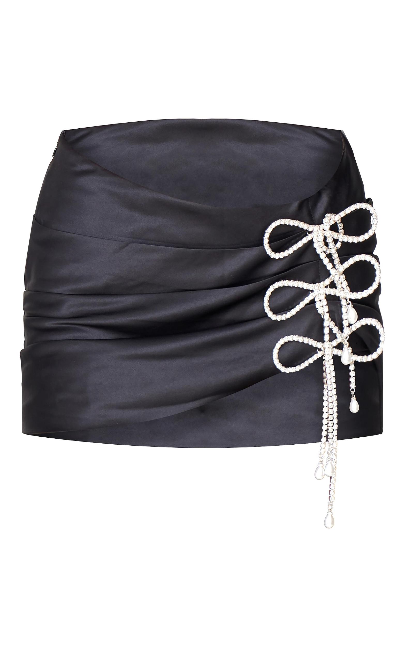 Black Satin Diamante Bow Trim Ruched Mini Skirt Product Image