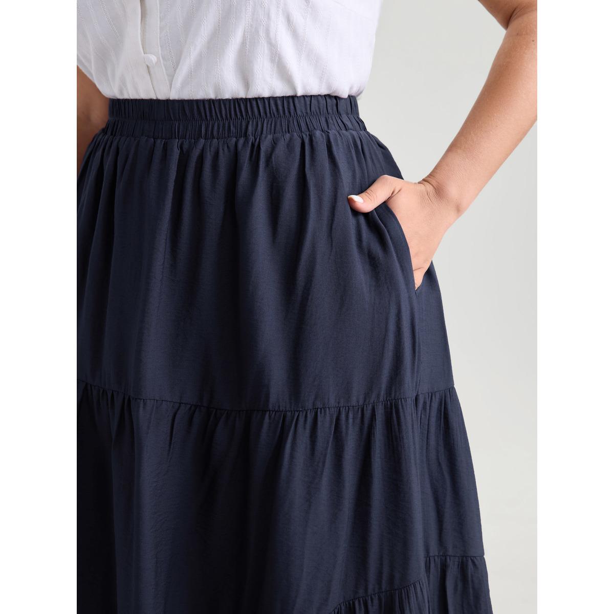 Plus Size Asymmetrical Tiered Slim-Fit Maxi Dress Women DarkBlue Timeless Gathered No stretch Side seam pocket Elegant Skirts BloomChic 26/4X Product Image